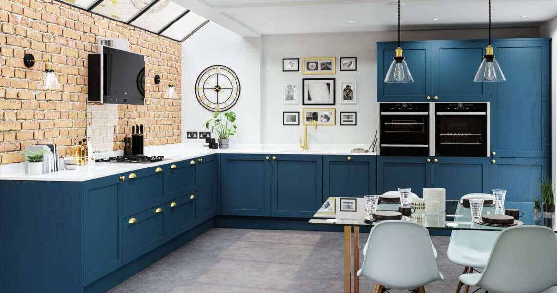 Blue modern kitchen with white worktops
