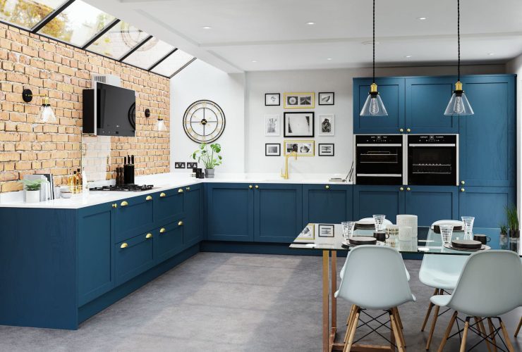 Blue modern kitchen with white worktops