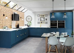Blue modern kitchen with white worktops