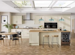cream kitchen with wooden flooring