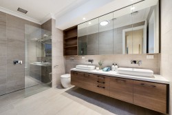 modern bathroom cream and wood effect