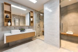 modern bathroom white and oak