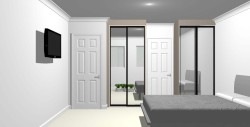 White bedroom with two mirrored wardrobes